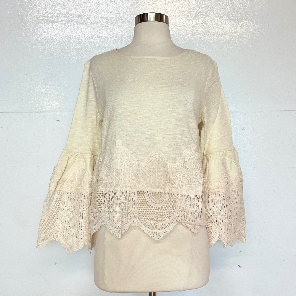 Bohemian Lace Hem Bell Sleeves Top Shirt Ivory Cream Off White